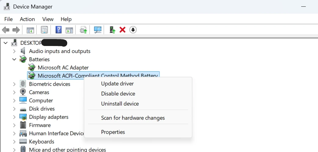 Uninstall battery drivers in Device Manager for plugged in not charging laptop
