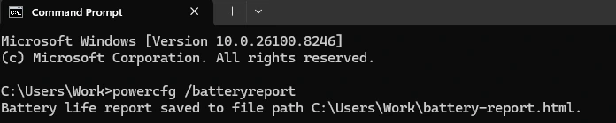 Running powercfg battery report command in Windows Command Prompt
